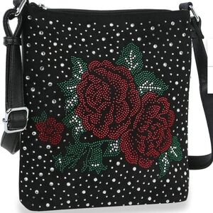 Black Rhinestone Encrusted Rose Crossbody Bag